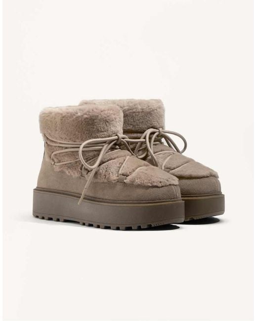 Oysho Brown Faux-Fur And Split-Leather Lace-Up Boots