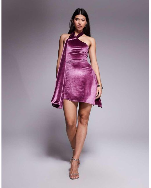 ASOS Pink Velvet Halterneck Skater Mini Dress