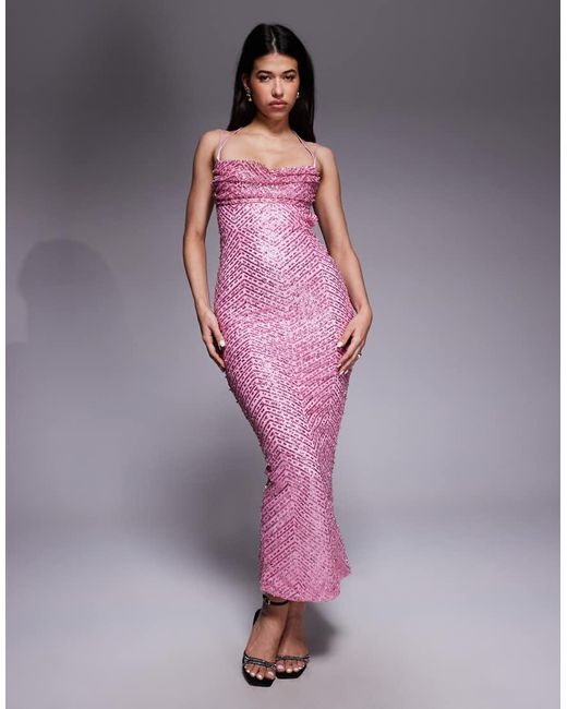 Oh Polly Purple Glitter Embellished Cowl Neck Cut Out Back Maxi Dress