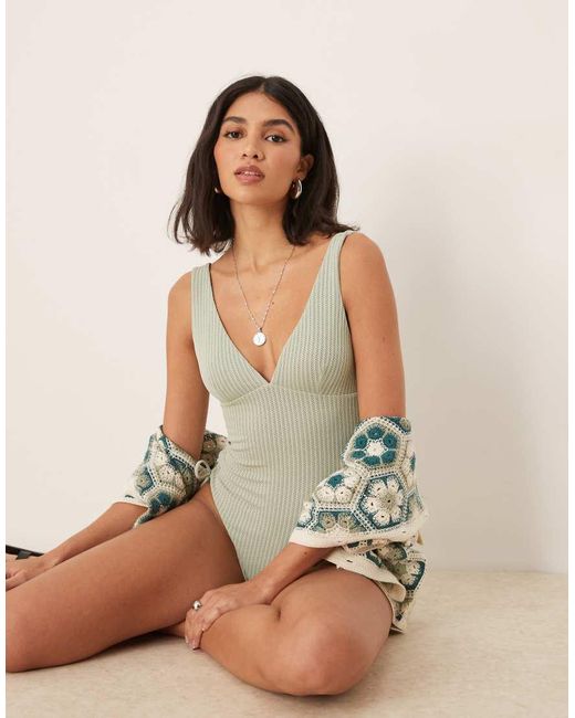 ASOS Natural Kai Textured Tie Side Swimsuit With Pearl Trim