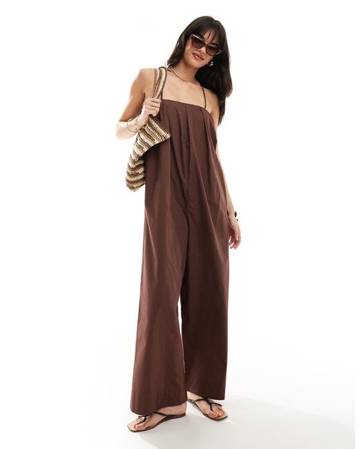 ASOS Brown Pleated Square Neck Wide Leg Jumpsuit