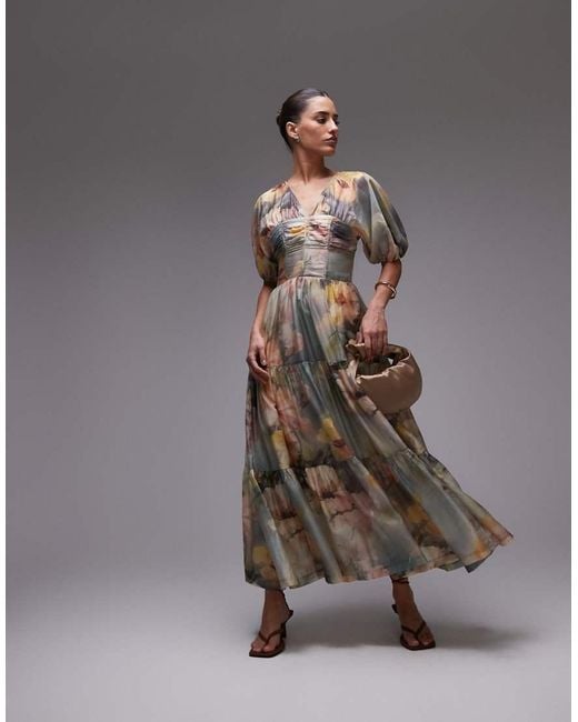 & Other Stories Gray Linen Blend Midi Dress In Floral Print