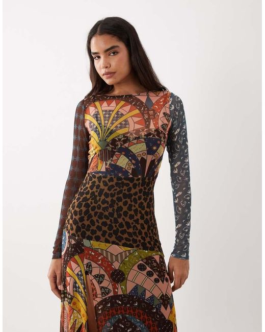 Never Fully Dressed Natural Mesh Long Sleeve High Split Midi Dress