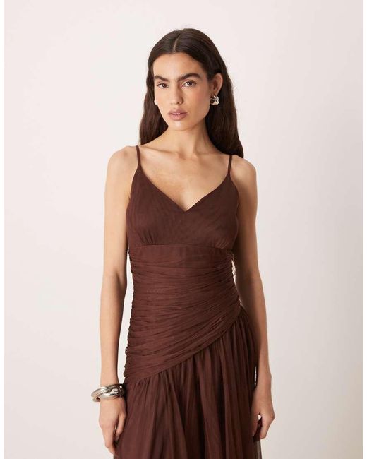LACE & BEADS Brown Tulle Asymmetric Drop Waist Maxi Dress