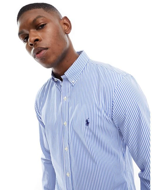 Polo Ralph Lauren Icon Logo Slim Fit Stripe Stretch Poplin Shirt in Blue for  Men | Lyst