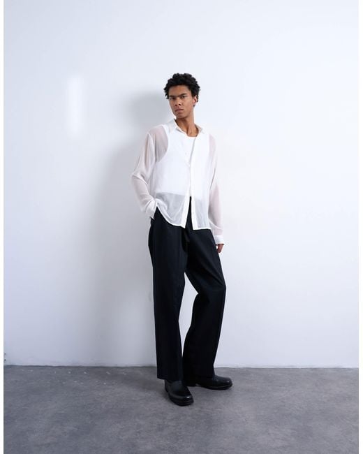 Topman White Relaxed Fit Crinkle Texture Sheer Shirt for men