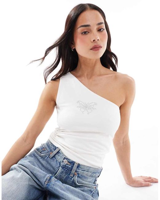 Hollister White Diamante Motif One Shoulder Top