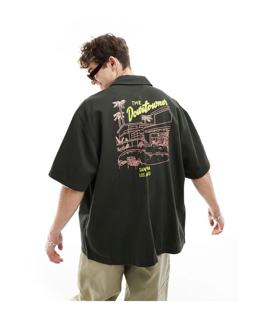ASOS – oversize-hemd aus twill mit reißverschluss vorn und rückenprint im stil der 90er in Black für Herren