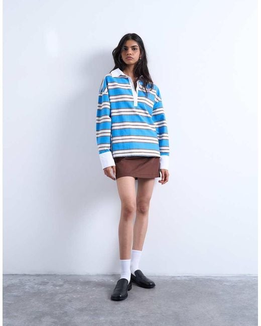 TOPSHOP Blue Long Sleeve Woven Polo Top