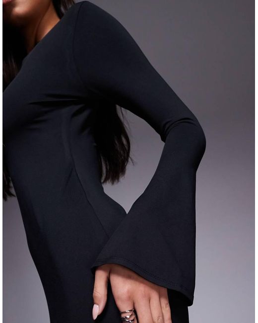 ASOS Blue Slash Neck Fluted Sleeve Maxi Dress