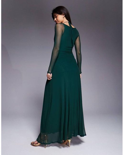ASOS Blue Mesh Long Sleeve Maxi Dress With Exposed Seams And Full Skirt