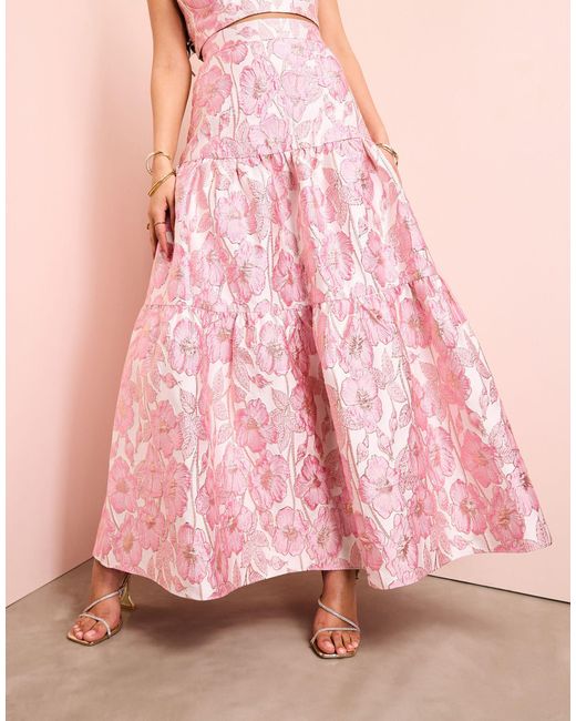 ASOS Pink Co-ord Jacquard Tiered Maxi Skirt With Bow Back