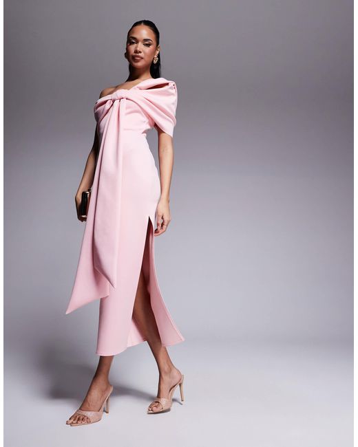 ASOS Pink – schulterfreies midikleid aus scuba-stoff mit schleifendetail