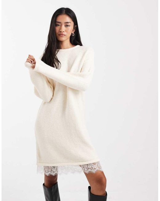 ASOS Natural Knitted Mini Dress With Lace Trim Detail