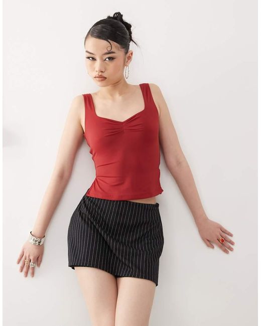 Princess Polly Red Double Laye Slinky Sweetheart Neck Ruched Front Side Split Top