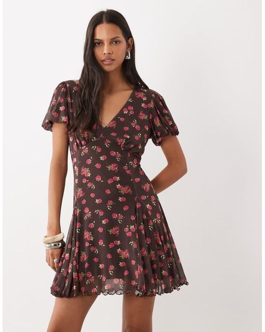 New Look Brown V Neck Mesh Mini Dress