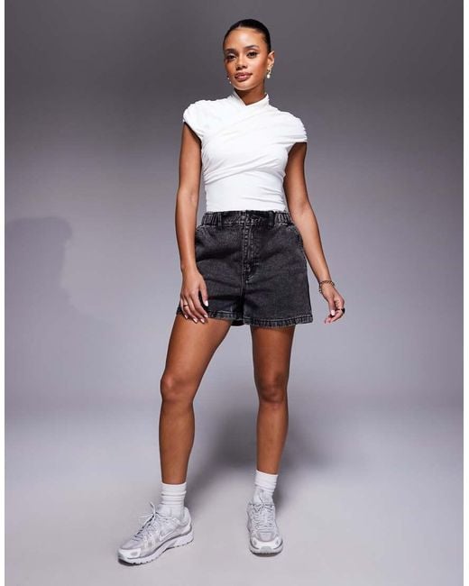 Missy Empire Black Missy Empire Denim Elasticated Paperbag High Waist Shorts