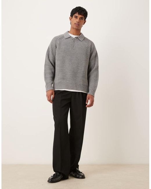ASOS Gray Oversized Heavyweight Knitted Wool Blend Rib Polo Jumper for men