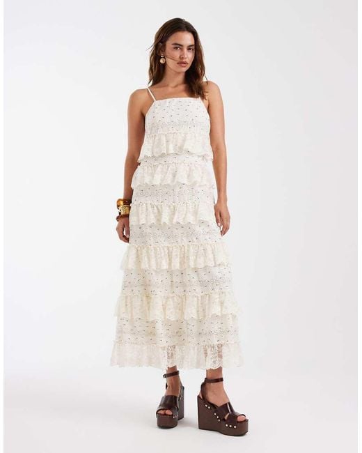 Vero Moda Natural Disty Floral Printed Cotton Cami Maxi Dress With Tiered Lace Trim