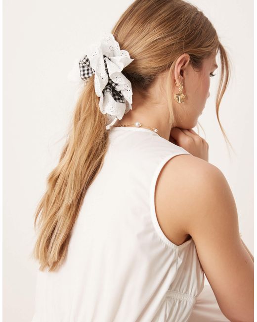 ASOS Natural Scrunchie With Gingham And Broderie Frill Detail