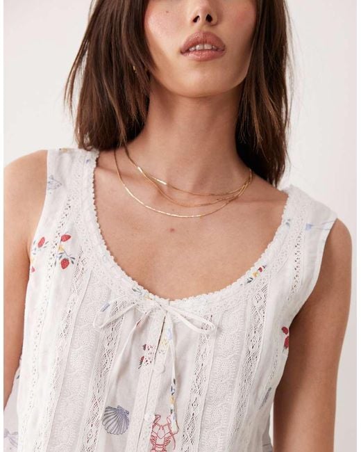 Abercrombie & Fitch White Ruffle Boho Summer Print Sleeveless Top