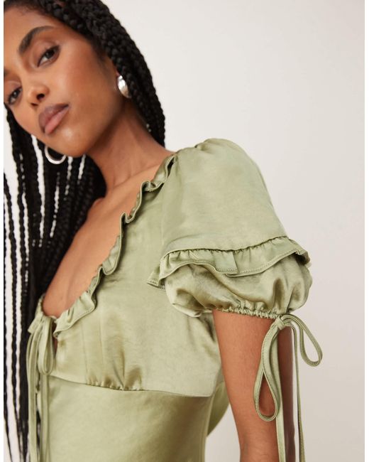 ASOS Green Milkmaid Tie Puff Sleeve Midi Dress