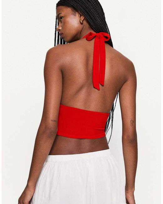 Bershka Red – gerafftes neckholder-oberteil