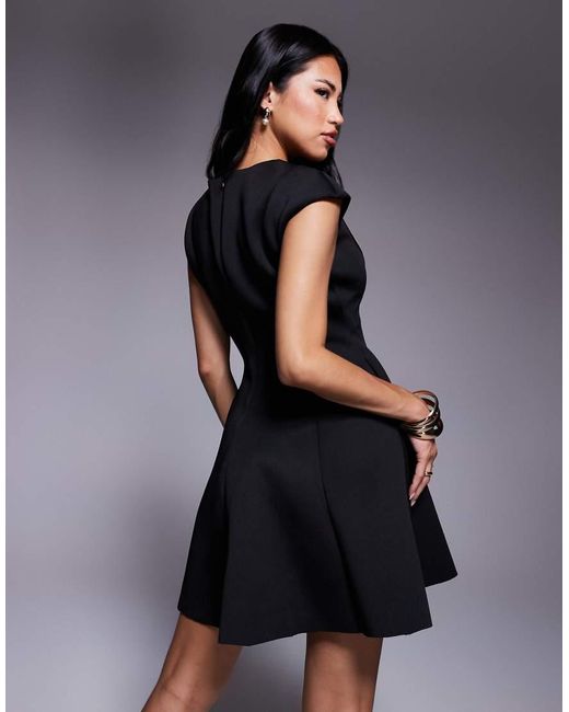 Goddiva Black Cap Sleeve Plunging V Neckline Skater Mini Dress