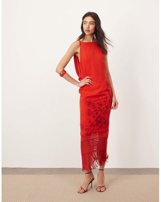 ARRANGE Embroidered Drape Back Midi Dress With Fringe Hem