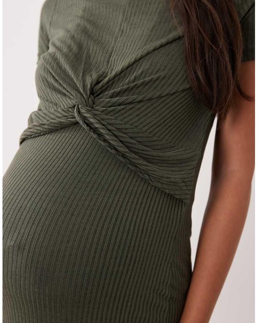 Mama.licious Green Mamalicious Maternity Short Sleeve Knot Front Midi Dress With Nursing Function