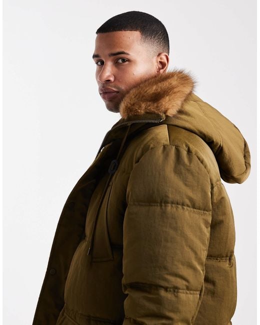 ASOS Brown Puffer Jacket With Faux Fur Hood Trim for men