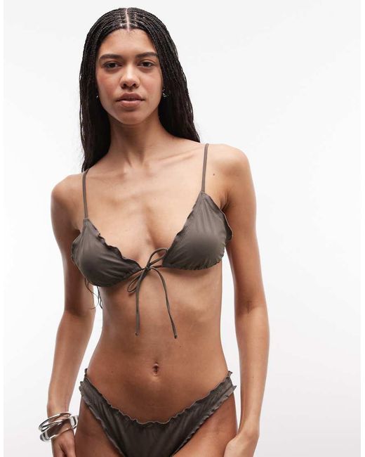 Weekday Brown Tie Front Frilly Triangle Bikini Top