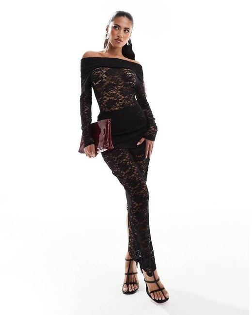 Murci Black Exclusive Lace Bardot Top And Maxi Skirt Set