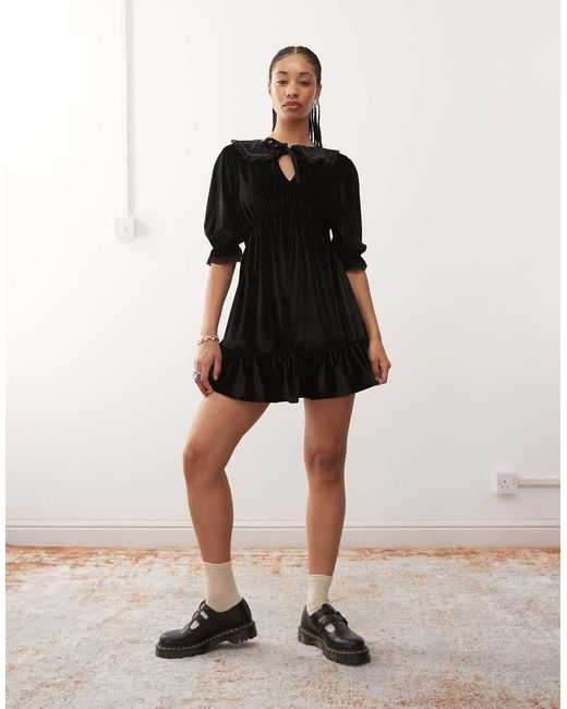 Reclaimed Vintage Black Velvet Collared Mini Dress With Lace Inserts
