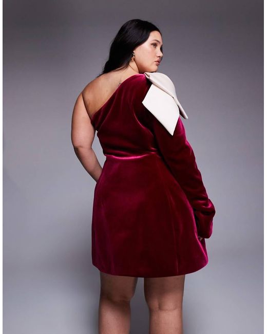 ASOS Red Curve One Shoulder Velvet Mini Dress With Bow Detail