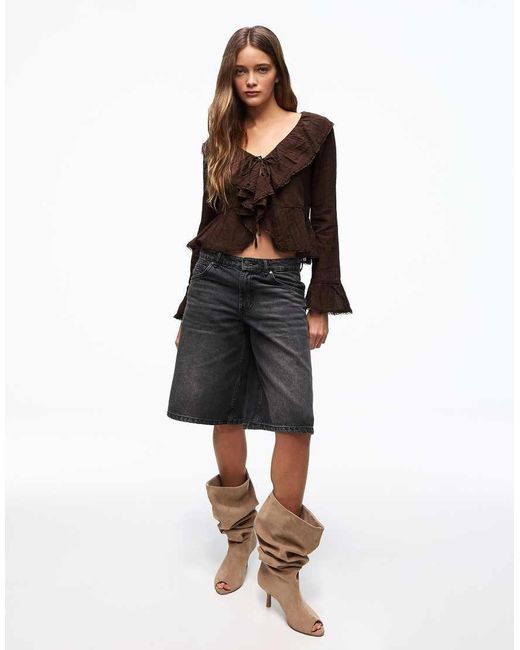 Bershka Black Rustic Long Sleeve Ruffle Blouse