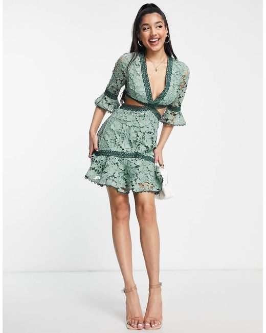 ASOS Green Lace Mini Dress With Circle Trim And Cut Out Detail