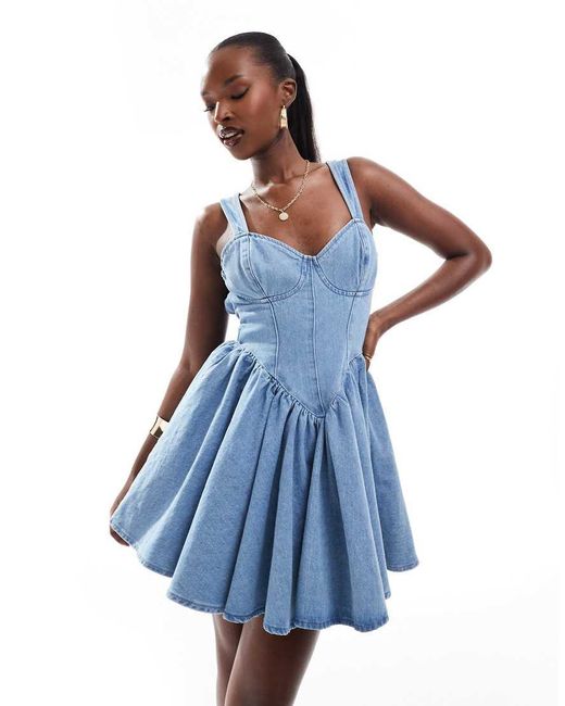 denim skater dress uk ASOS Denim Corseted Skater Mini Dress With Bow Back in Blue