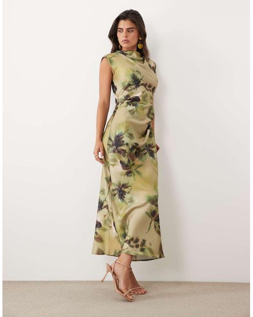 ASOS Natural Satin High Neck Pleated Bodice Midi Dress