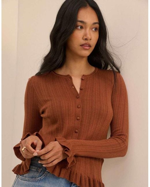 Nobody's Child Brown Rib And Ruffle Sheer Knit Cardigan