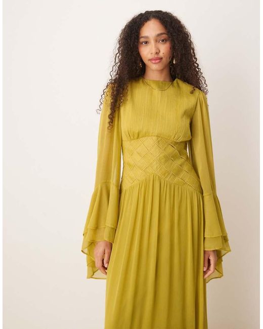 ASOS Yellow Long Sleeved Chiffon Maxi Dress With Cross Stitch Waist Detail