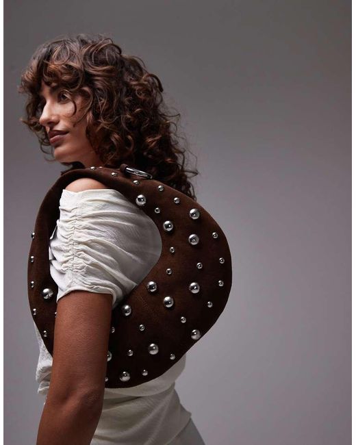 Mango Brown Leather Studded Hoop Detail Bag