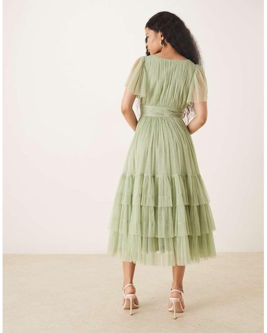 LACE & BEADS Green Bridesmaid Tulle Flutter Sleeve Plunge Neck Midi Dress