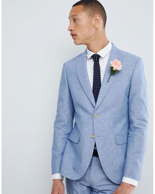 Veste De Costume De Mariage Slim En Lin Bleu