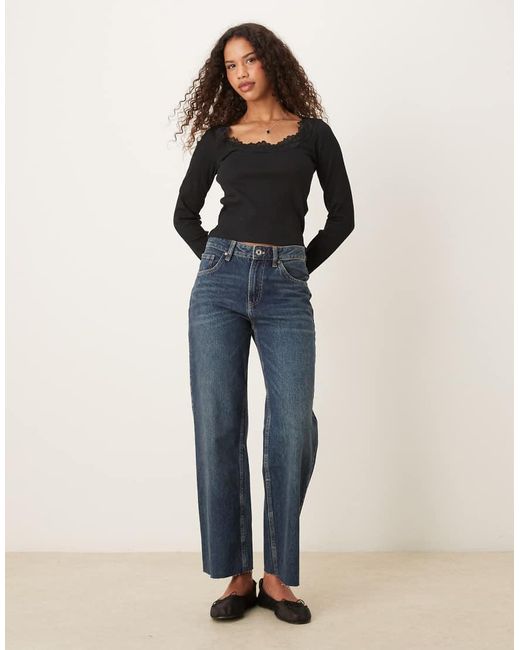 ASOS Blue Ribbed Round Neck Long Sleeve Top With Lace Trim In
