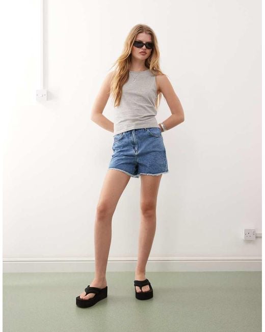Reclaimed Vintage Blue Denim High Waisted Mom Shorts With Raw Hem