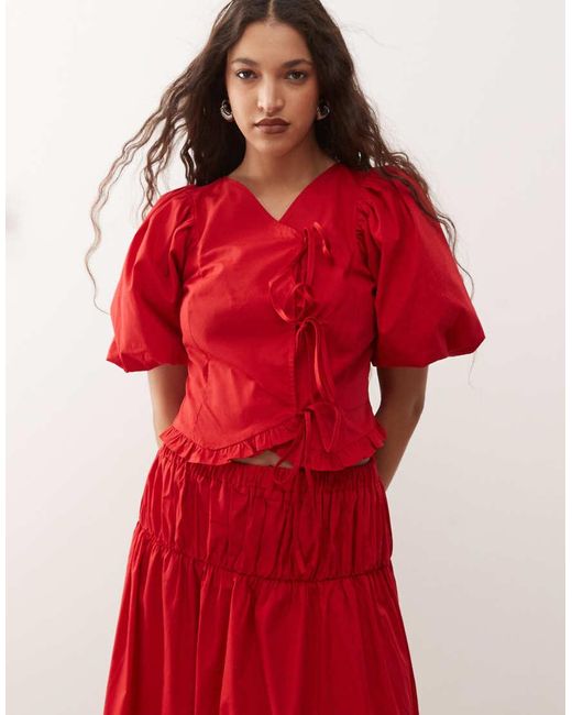 Reclaimed Vintage Red Western Cowgirl Top Co-ord With Puff Sleeve And Tie Front