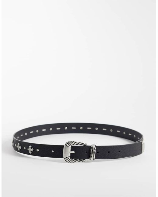 ASOS White Faux-leather Cross Studded Belt With Western Texture Buckle for men