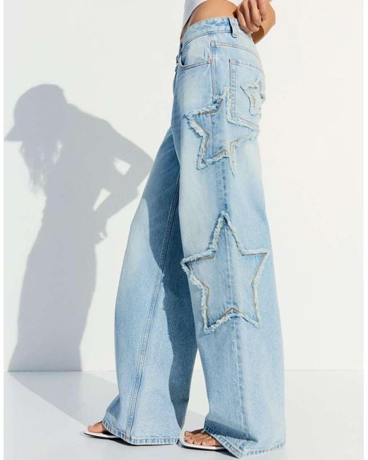 Bershka Blue Low-rise Boyfriend Jeans With Stars