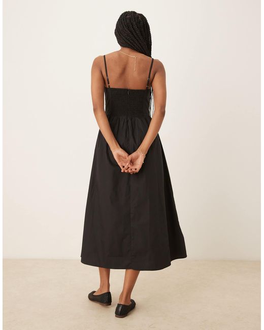 Glamorous Black Poplin Midi Dress With Tie Bust